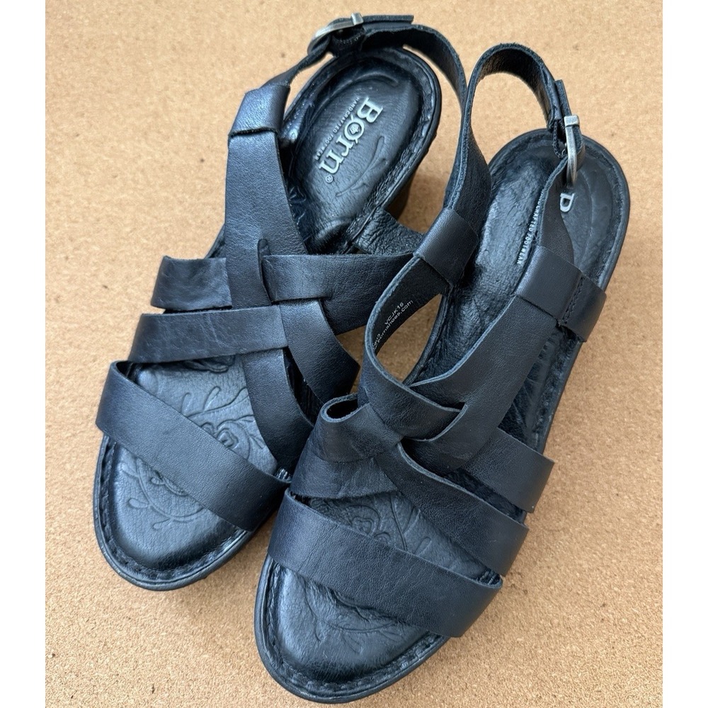 Born Carmo Black Leather Sandals Women's Size‎ 7 Full Grain Preloved